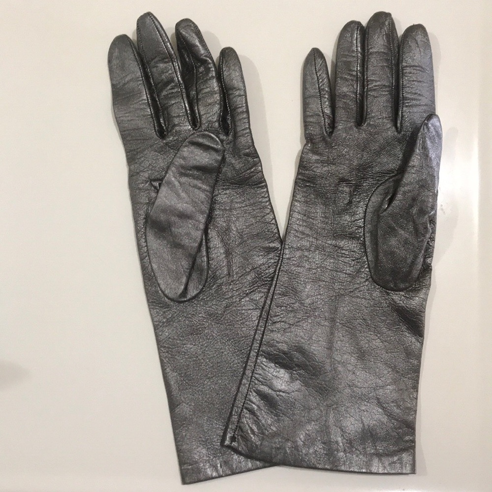 Silver Metallic leather/silk gloves, NEVER USED